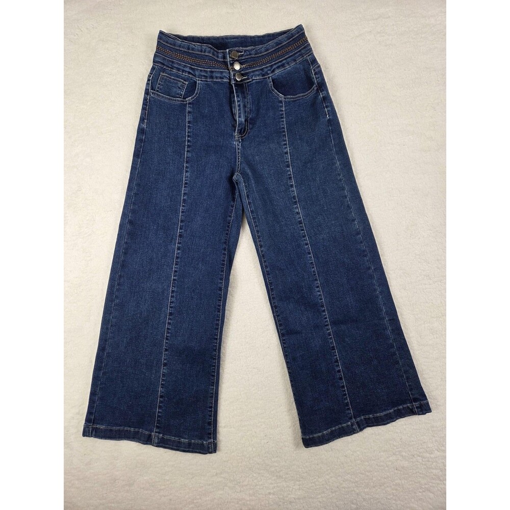 Vtg Y2K Wide Leg Cropped Jeans Womens M (26) Blue High Rise Button Stretch Denim